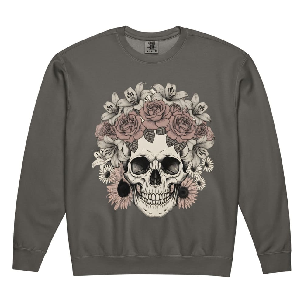 Gray sweatshirt with a skull and floral design on a white background