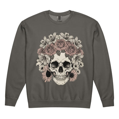 Gray sweatshirt with a skull and floral design on a white background