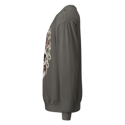 Gray sweatshirt with a logo on the sleeve against a white background