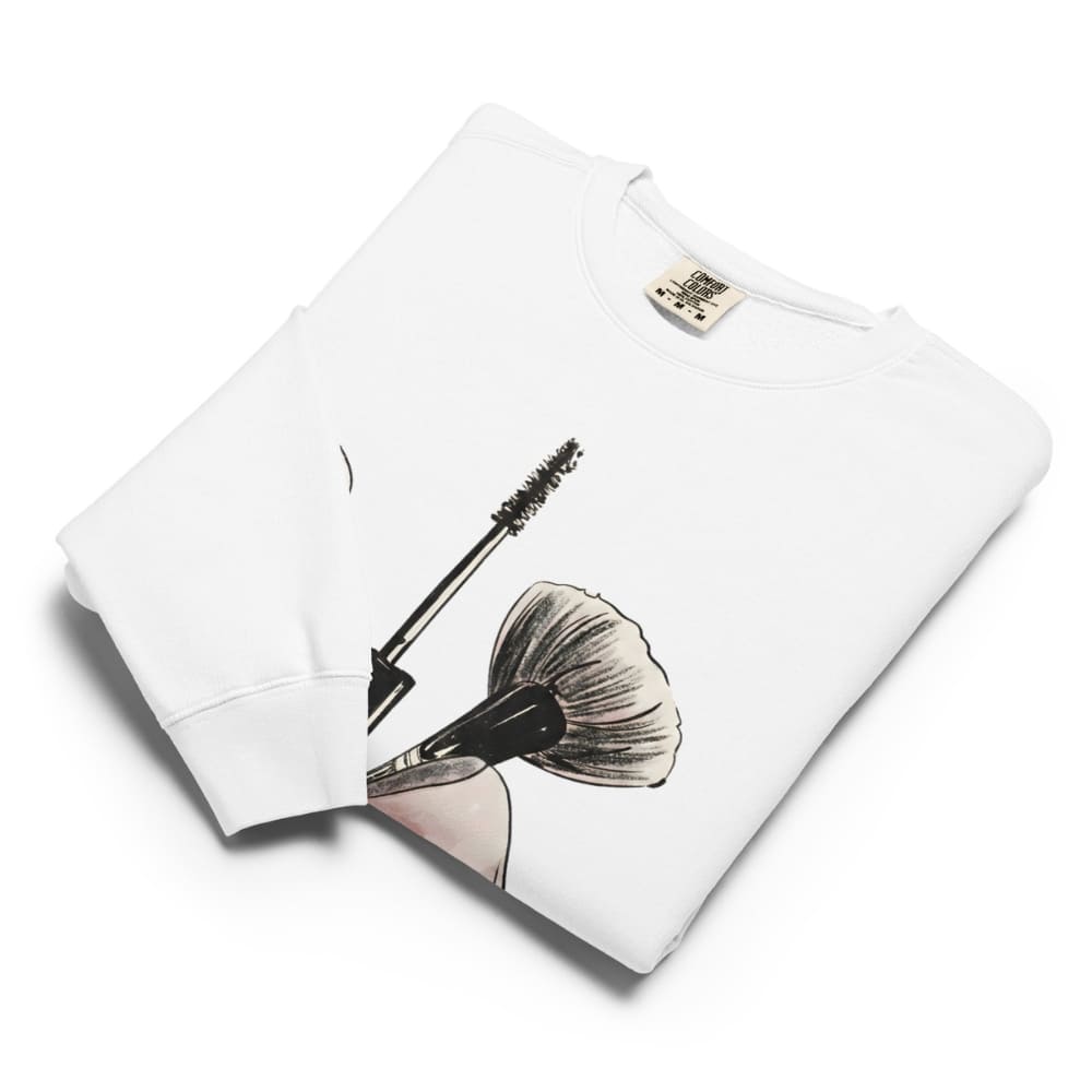 White sweatshirt with makeup brush illustration on a white background