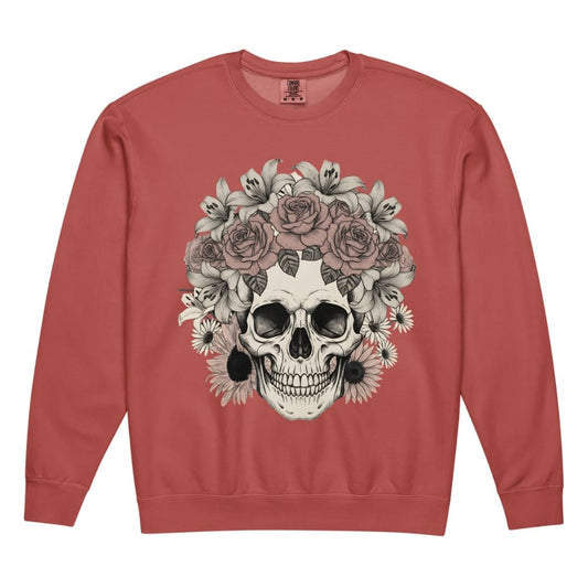 Red sweatshirt with a skull and floral design on a white background