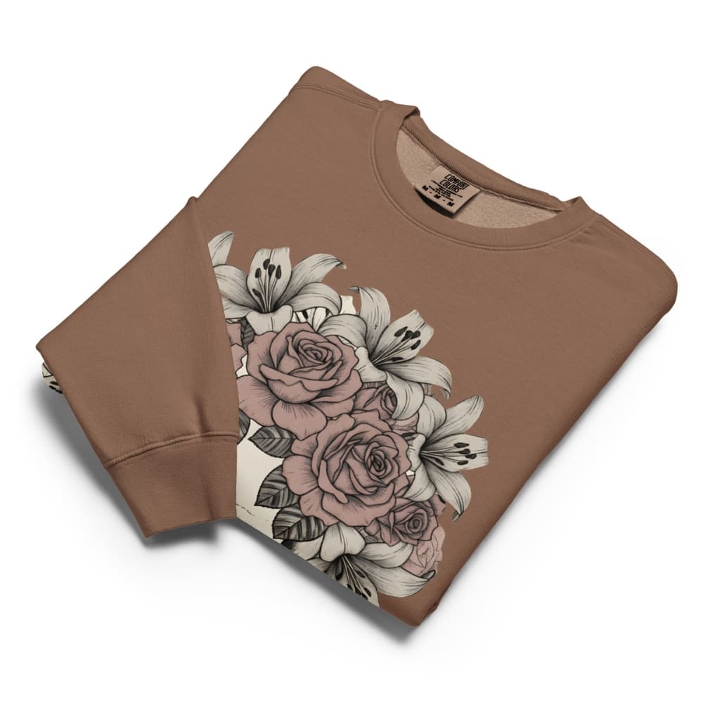 Brown sweatshirt with floral design on a white background