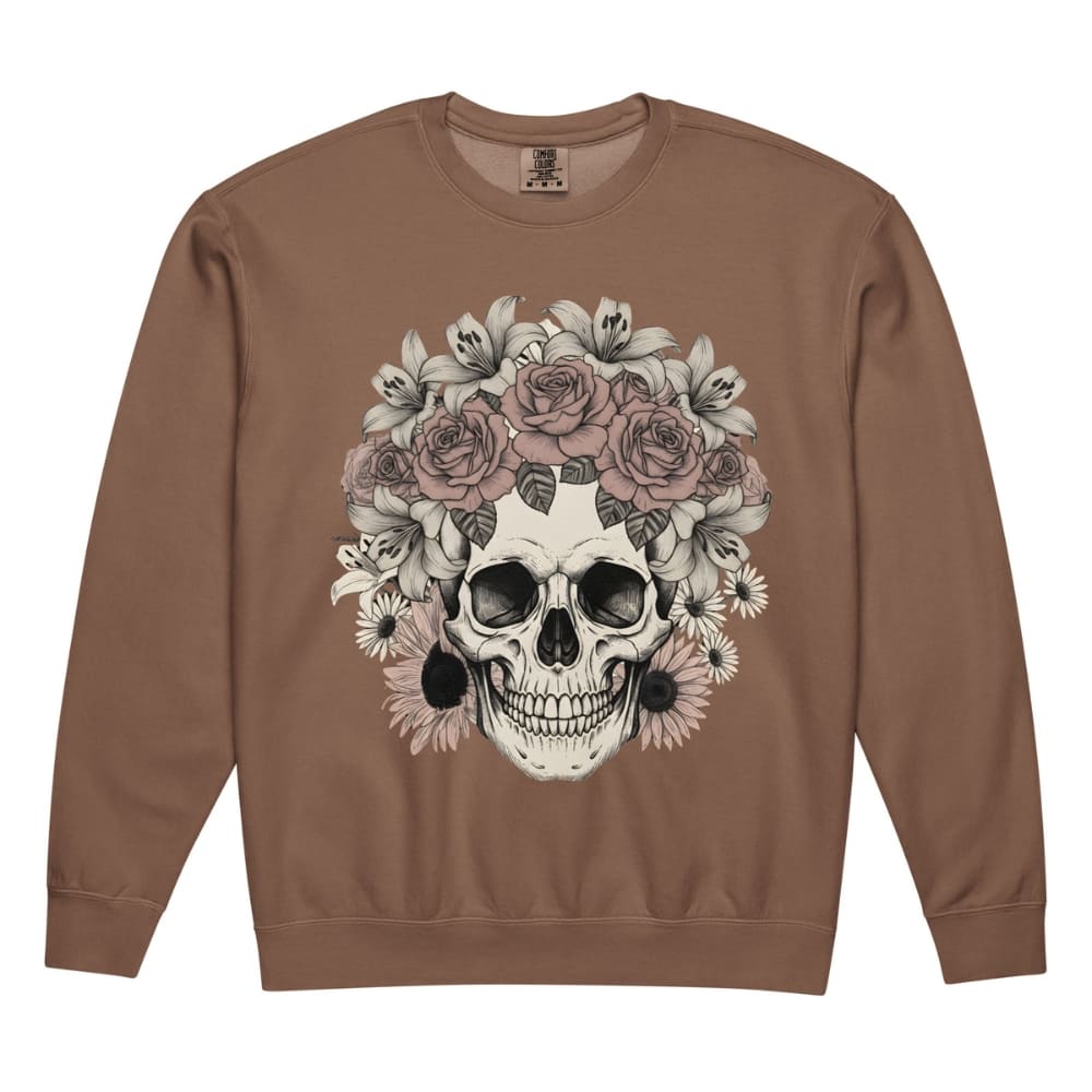 Brown sweatshirt with a skull and floral design on a white background