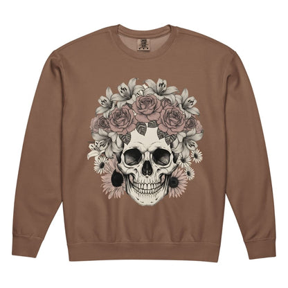 Brown sweatshirt with a skull and floral design on a white background