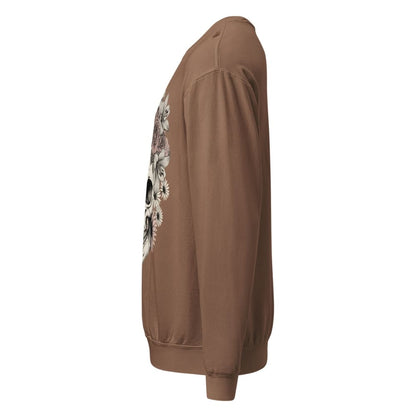 Brown sweatshirt with a logo on the sleeve against a white background