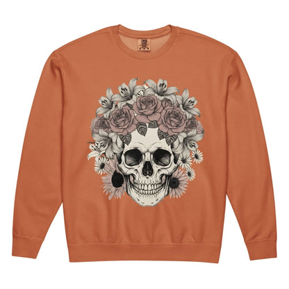 Orange sweatshirt with a skull and floral design on a white background