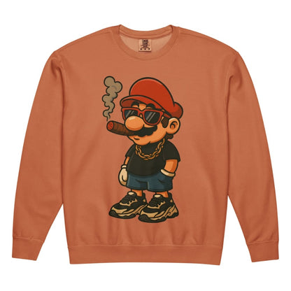 Sweatshirt with a cartoon character wearing sunglasses and a hat on a white background