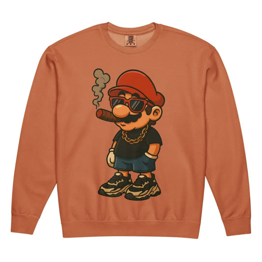 Sweatshirt with a cartoon character wearing sunglasses and a hat on a white background