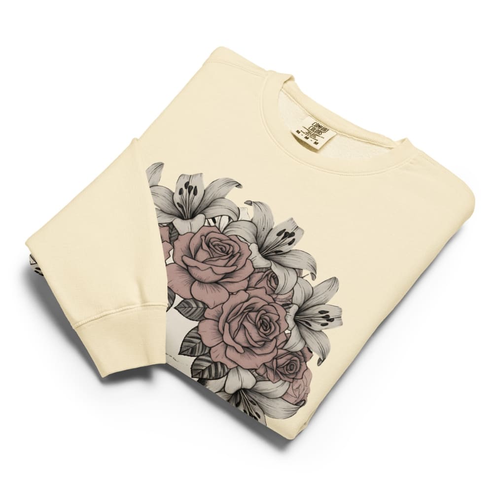 Ivory sweatshirt with floral design on a white background