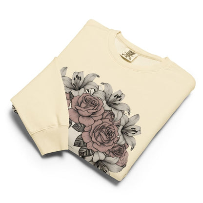 Ivory sweatshirt with floral design on a white background