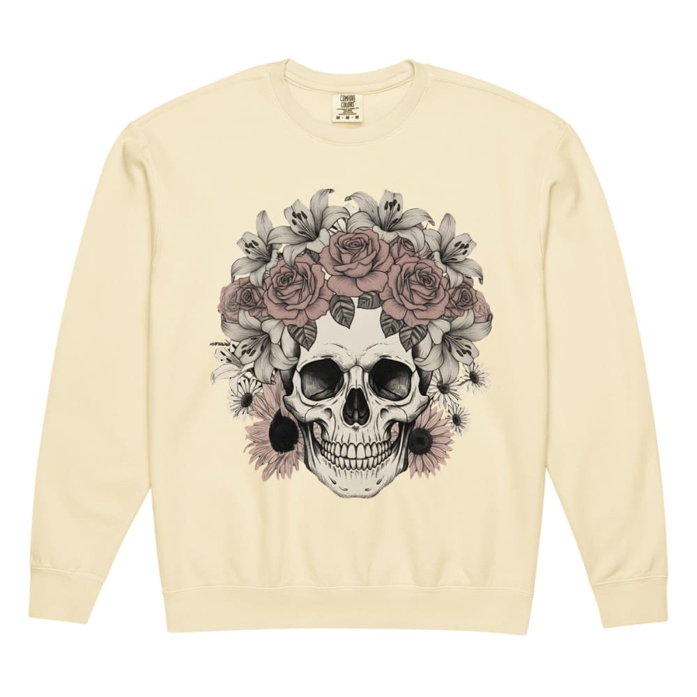 Ivory sweatshirt with a skull and floral design on a white background
