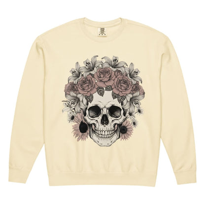 Ivory sweatshirt with a skull and floral design on a white background