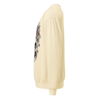 Ivory sweatshirt with a graphic design on the back against a white background