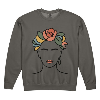 Gray sweatshirt with a colorful floral design on a white background