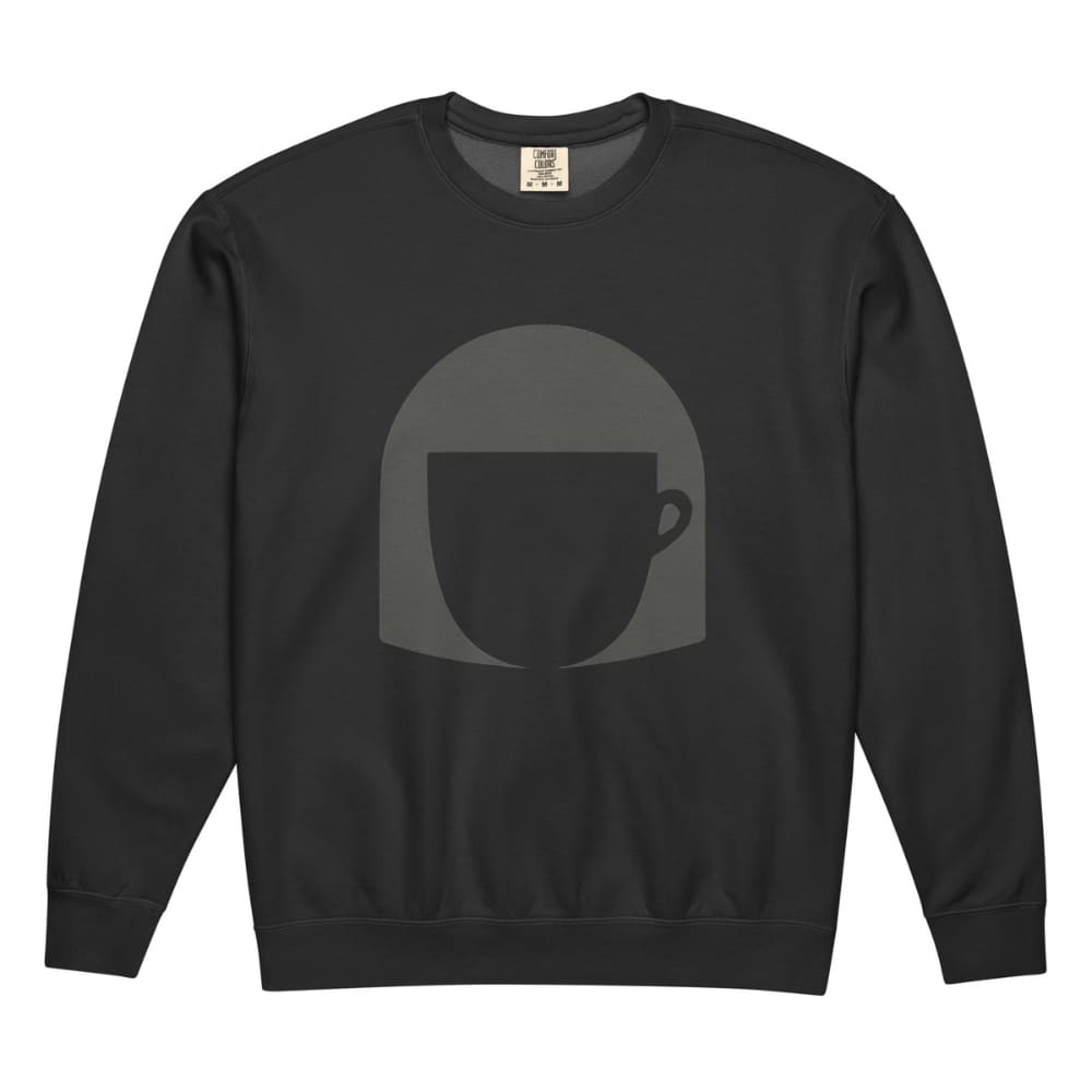 Black sweatshirt with a graphic design on a white background