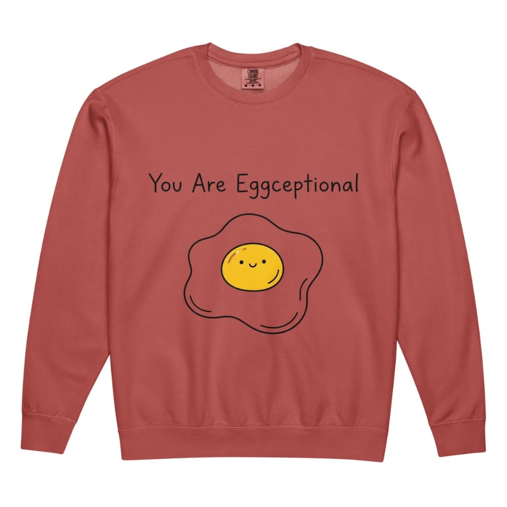 Red sweatshirt with a smiley face egg graphic and text 'You Are Eggceptional' on a white background