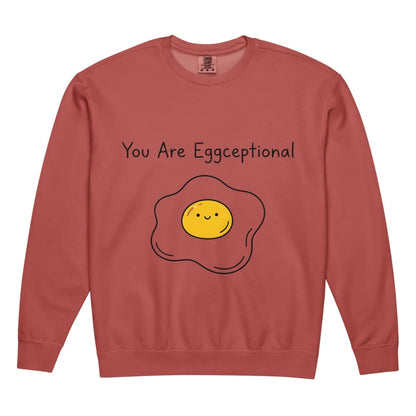 Red sweatshirt with a smiley face egg graphic and text 'You Are Eggceptional' on a white background