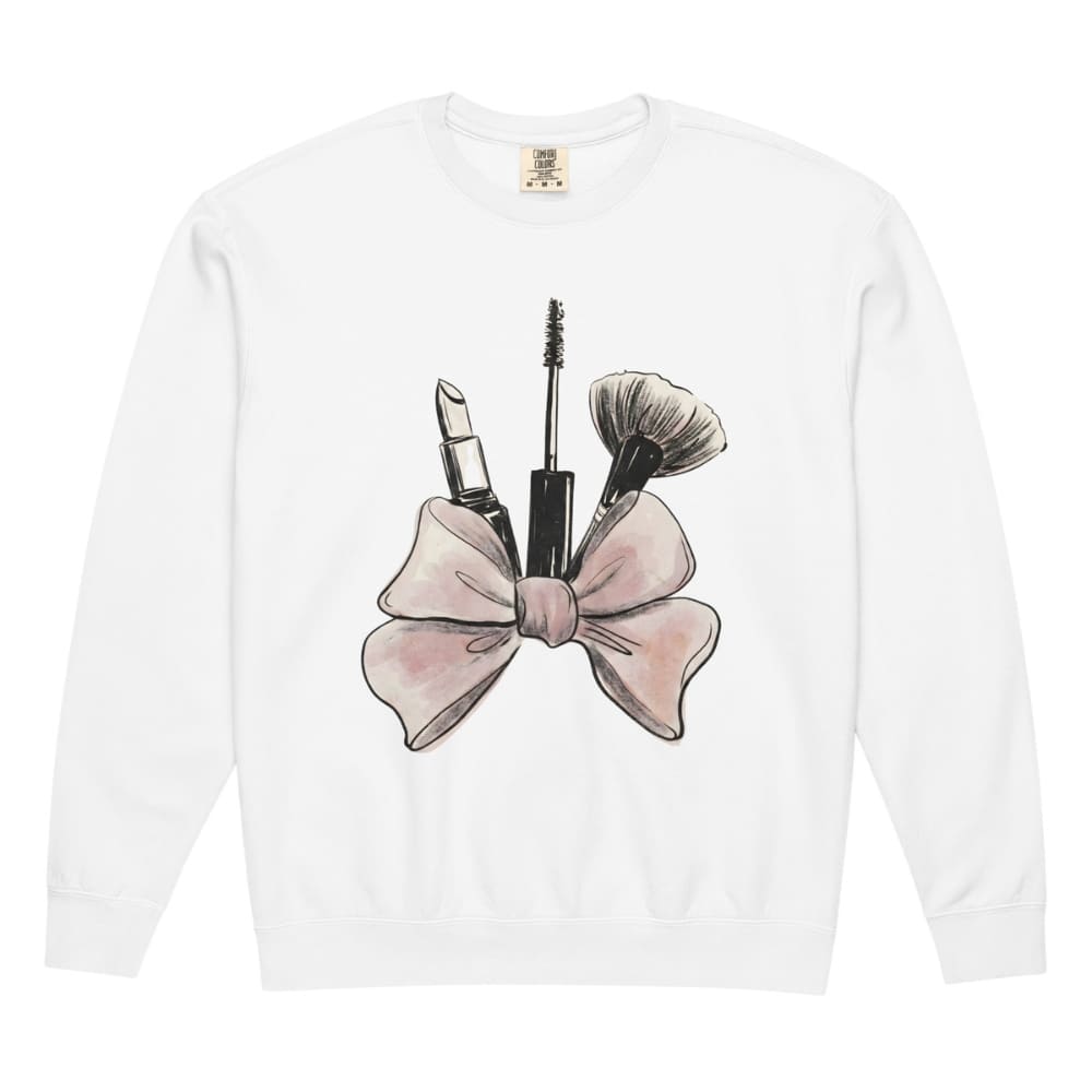 White sweatshirt with makeup and bow design on a white background