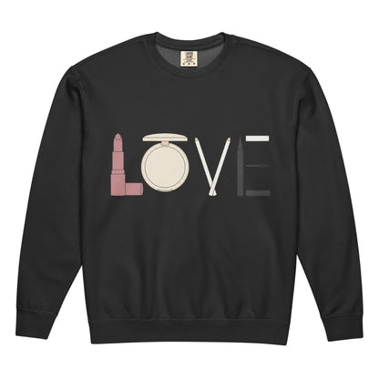 Black sweatshirt with 'LOVE' graphic design featuring lipstick and perfume bottle symbols on a white background.