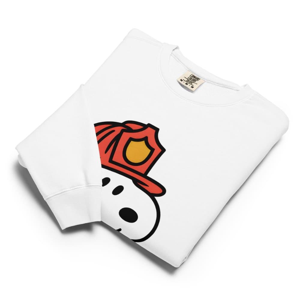 White sweatshirt with cartoon ghost design on a white background