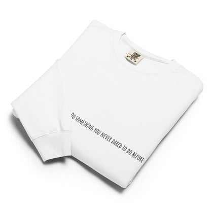 White sweatshirt with text on a white background
