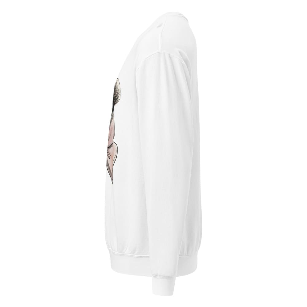 White sweatshirt with a graphic design on the sleeve against a white background