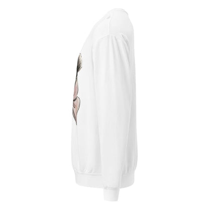 White sweatshirt with a graphic design on the sleeve against a white background