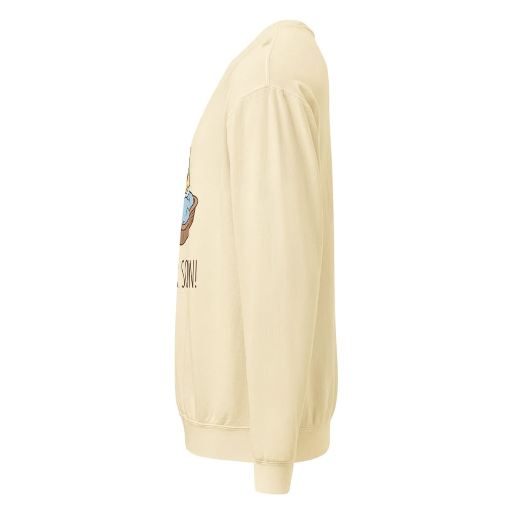 Ivory sweatshirt with a logo and text on the sleeve against a white background