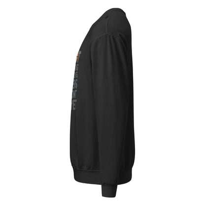Black sweatshirt with a logo on the sleeve against a white background