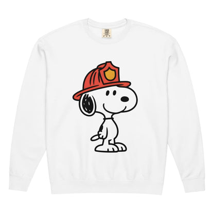 White long-sleeve shirt with a cartoon dog wearing a fire helmet on a white background