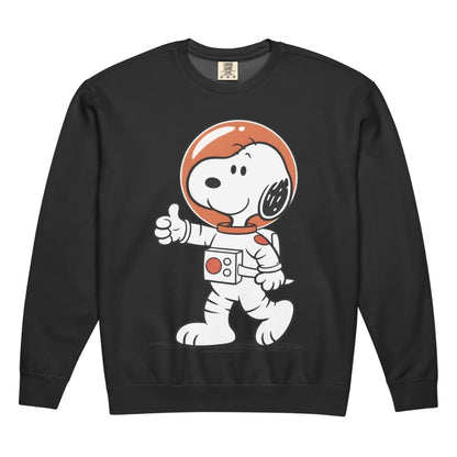Black sweatshirt with an astronaut Snoopy graphic on a white background