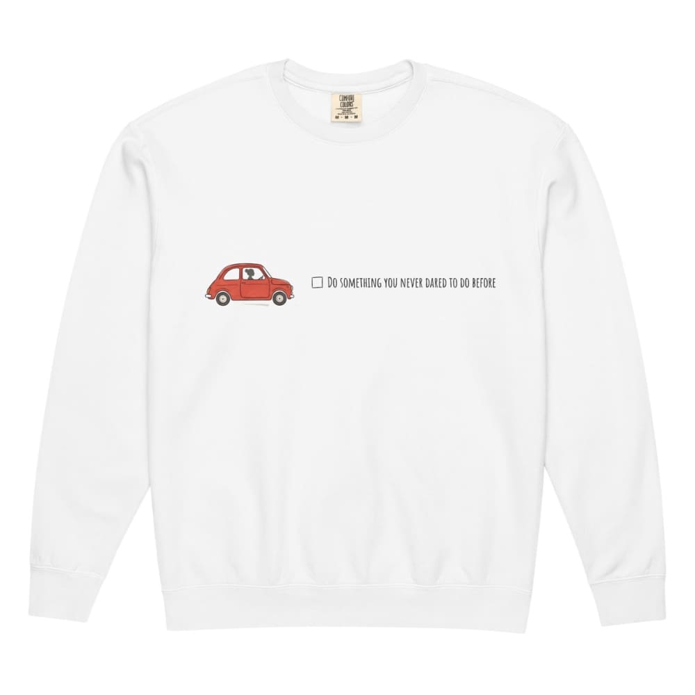 White long-sleeve shirt with a red car graphic and text on a white background