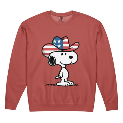 Red sweatshirt with a cartoon dog wearing an American flag cowboy hat on a white background