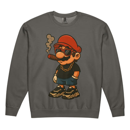 Gray sweatshirt with a cartoon character wearing sunglasses and a red hat on a white background