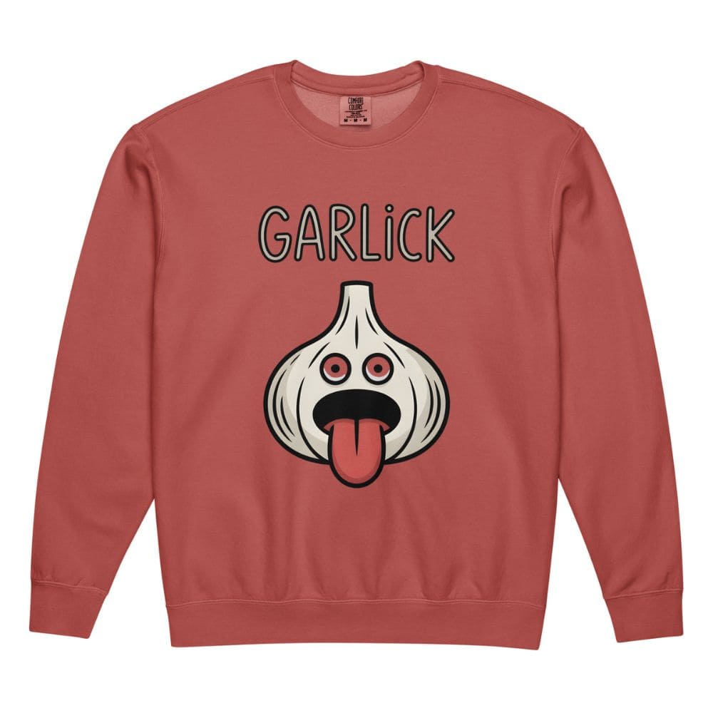 Red sweatshirt with a cartoon garlic bulb and 'GARlick' text on a white background