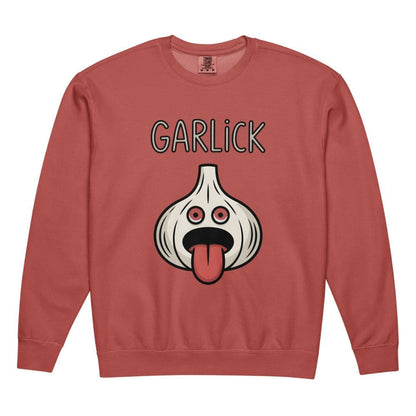 Red sweatshirt with a cartoon garlic bulb and 'GARlick' text on a white background