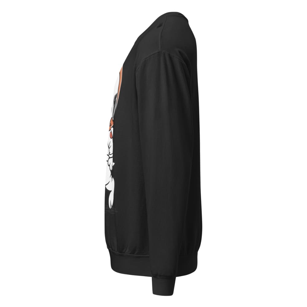 Black sweatshirt with a logo on the sleeve against a white background