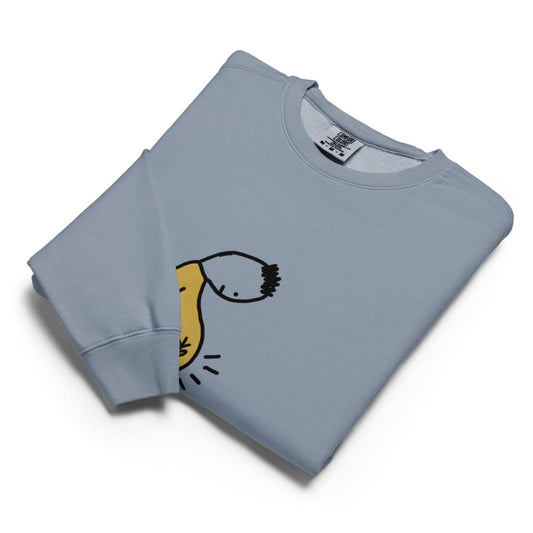 Folded light blue sweatshirt with a yellow and black graphic on a white background