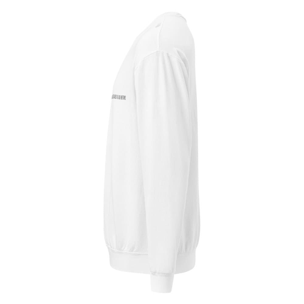 White sweatshirt with a logo on the chest against a white background