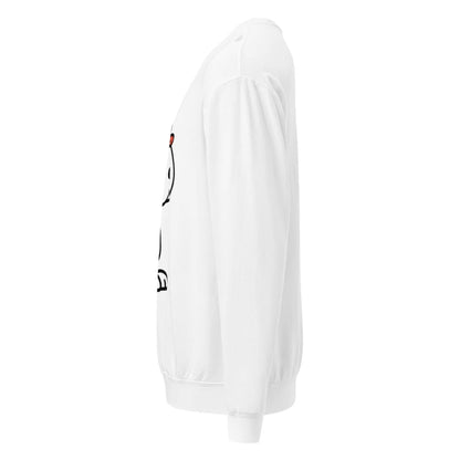White sweatshirt with black text and graphics on a white background