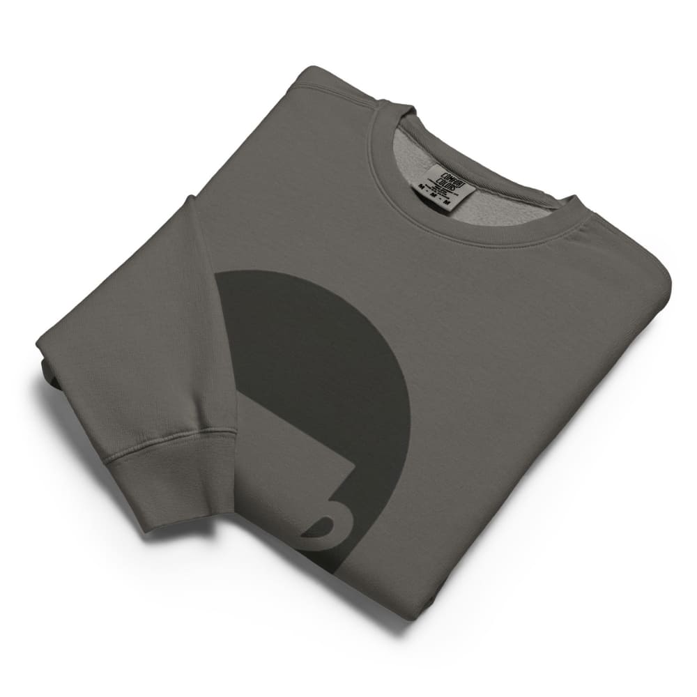 Folded gray sweatshirt with black graphic on a white background