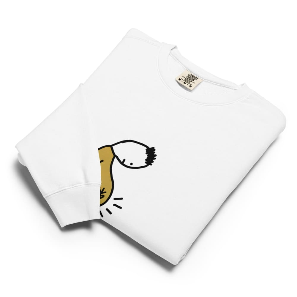 White sweatshirt with a black and gold graphic on a white background