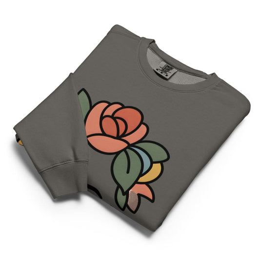 Gray sweatshirt with a colorful rose design on a white background