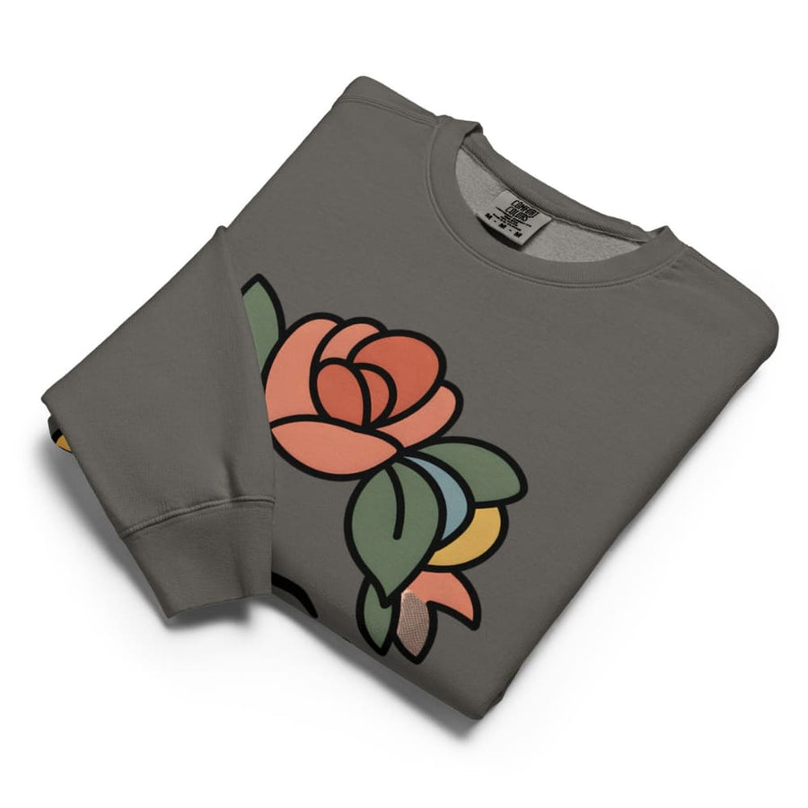 Gray sweatshirt with a colorful rose design on a white background