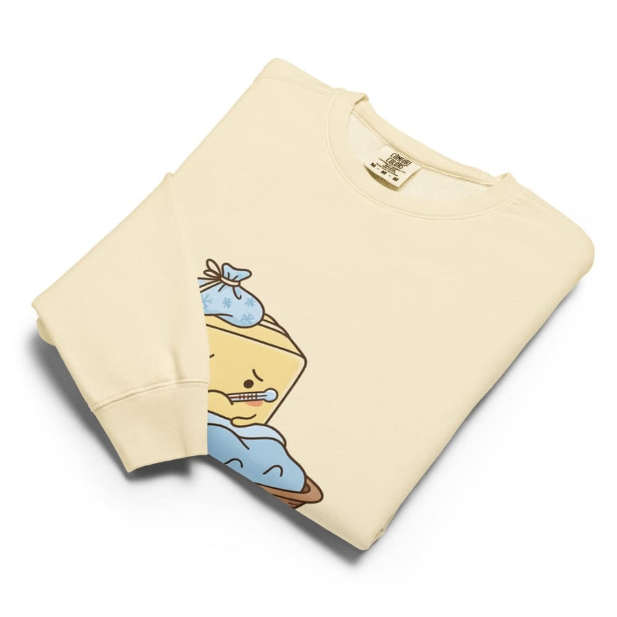 Ivory sweatshirt with cartoon design on a white background