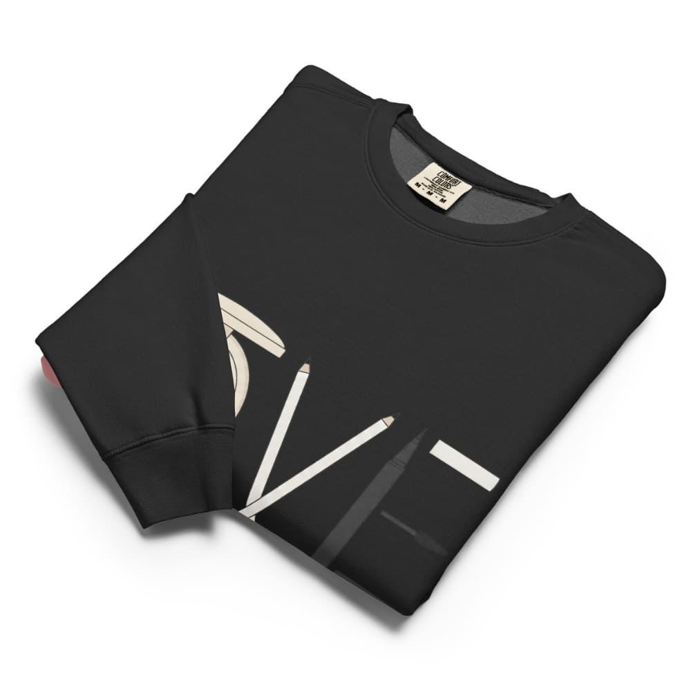 Black sweatshirt with white graphic design on a white background