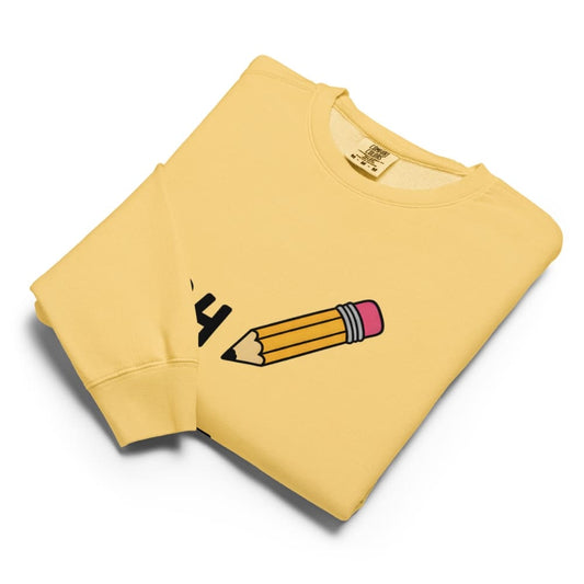 Yellow sweatshirt with a graphic design on a white background