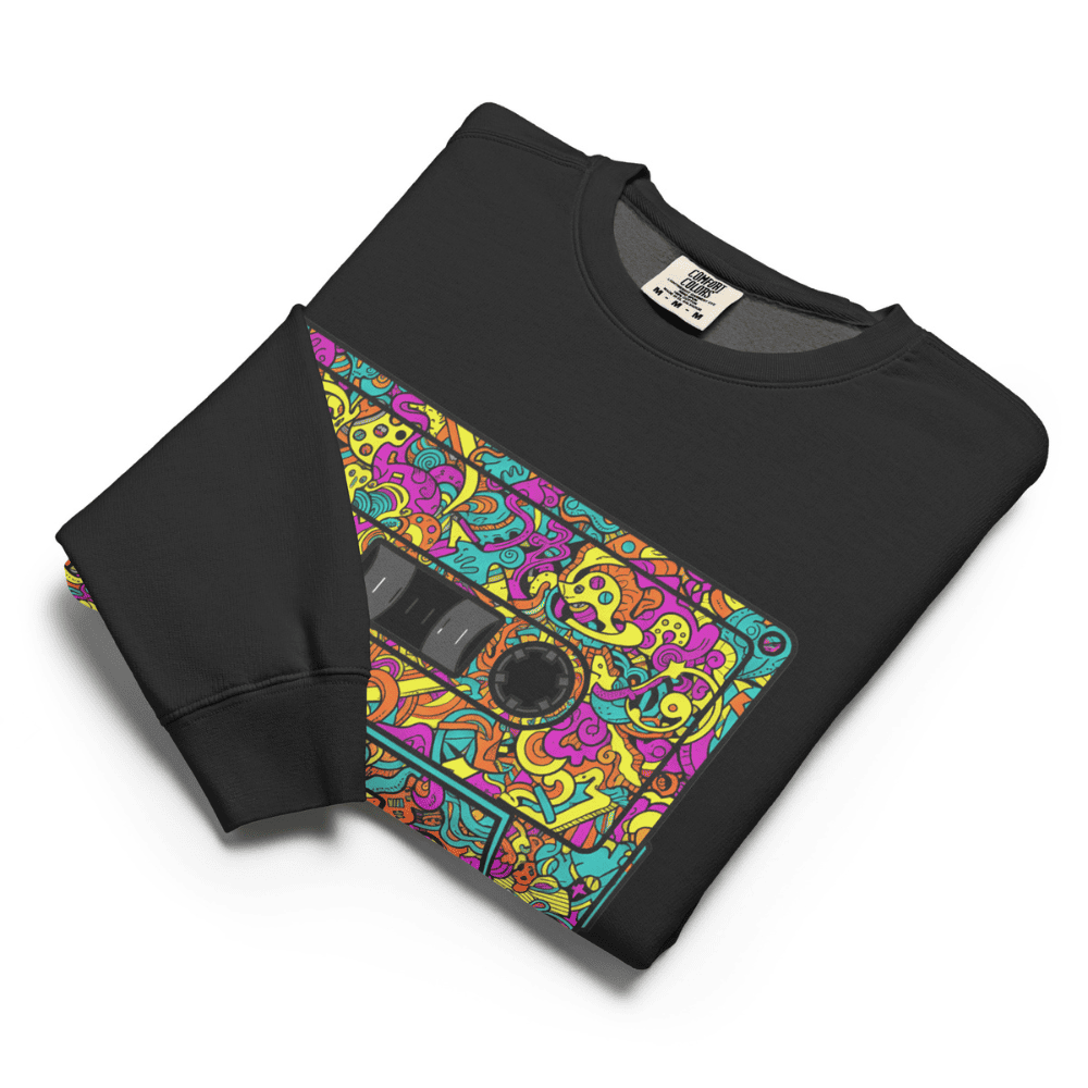 Black sweatshirt with a colorful cassette tape design on a white background