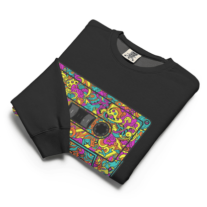 Black sweatshirt with a colorful cassette tape design on a white background