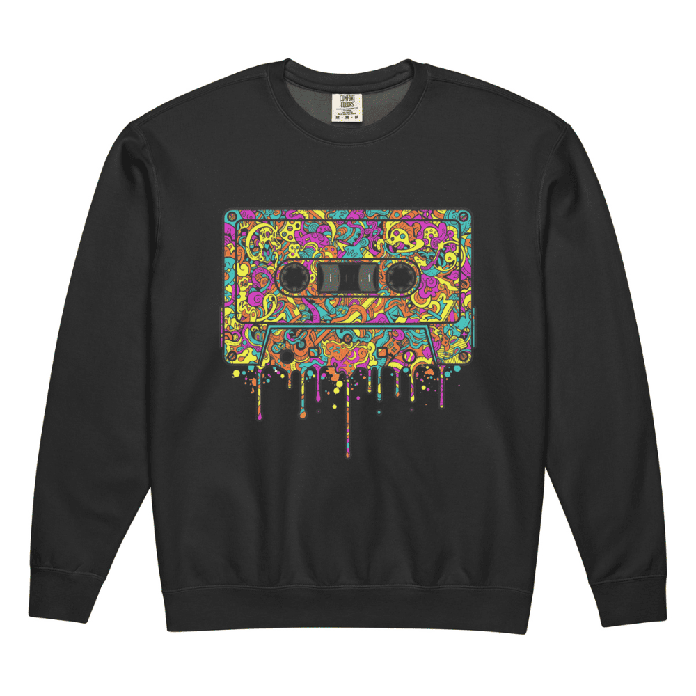 Black sweatshirt with a colorful cassette tape design on a white background